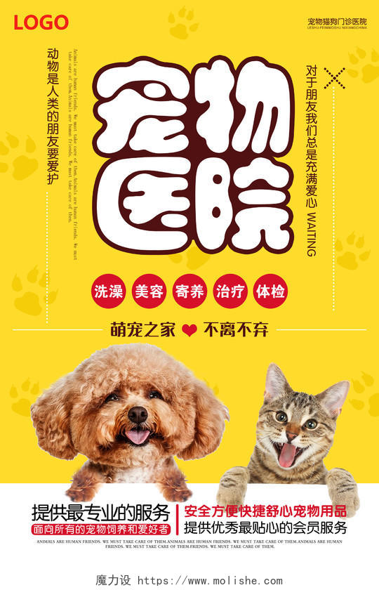 黄色简约卡通动物宠物医院海报